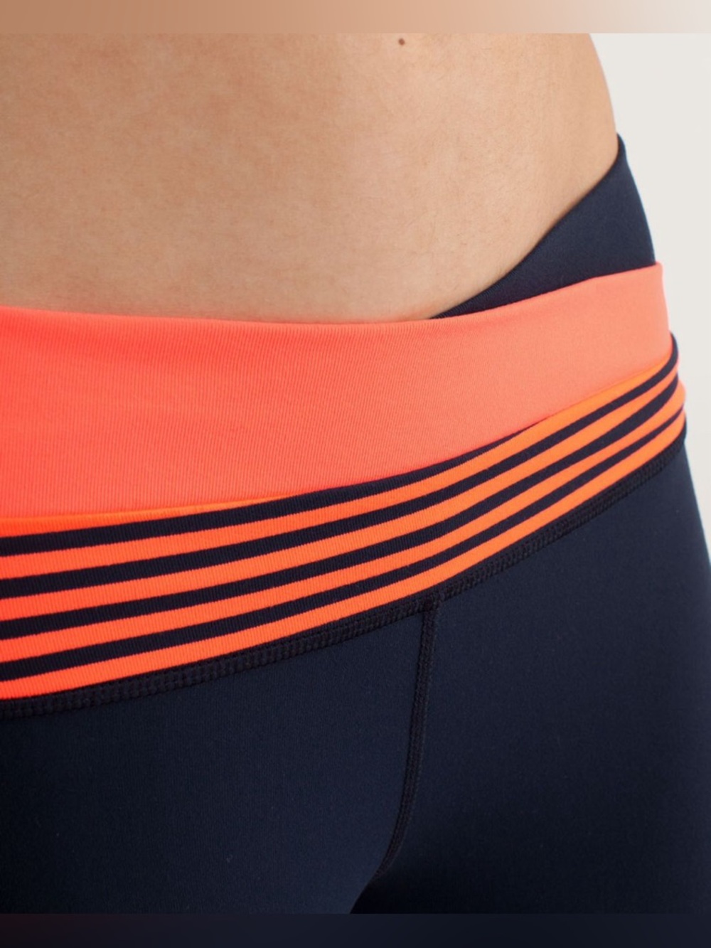 Lululemon Astro cropped Navy Leggings with Coral striped Foldover Waistband - Picture 2 of 10